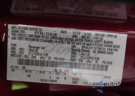 2013 Ford Focus Se z USA, uszkodzony, nr VIN 1FADP3F26DL194180